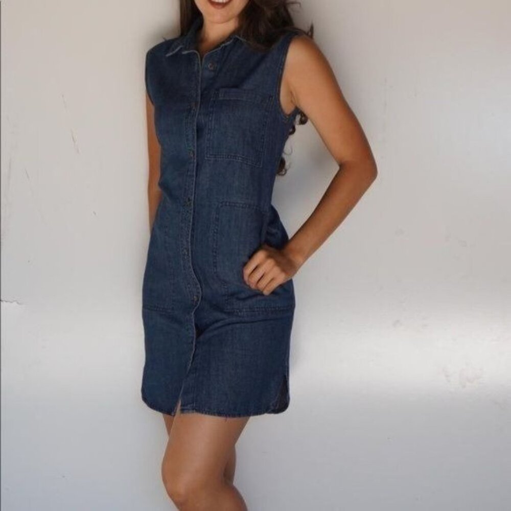 Dark Blue Denim Sleeveless Dress with Pockets Jean Button Down Dress